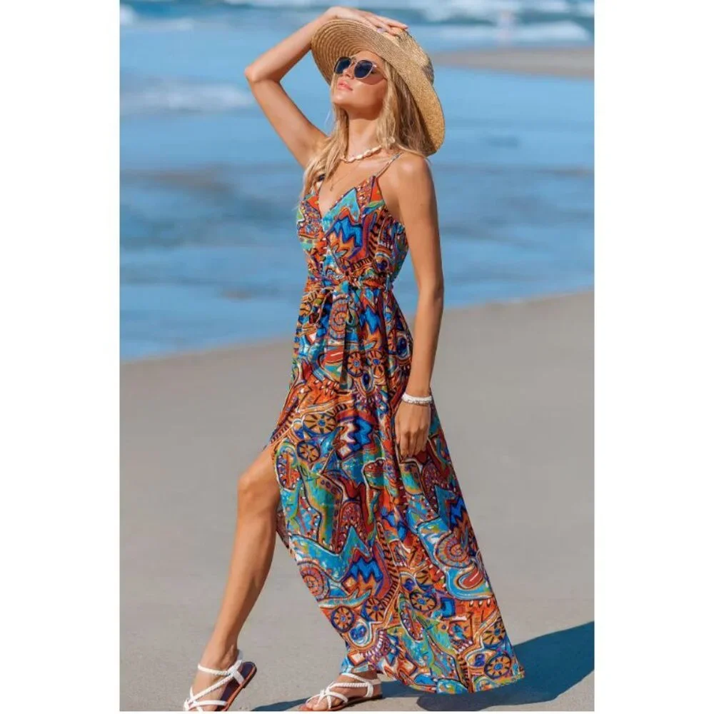 NWT Cupshe | Abstract Rhythm Multicolor Maxi Dress Orange & Blue | Size Large - Picture 2 of 14
